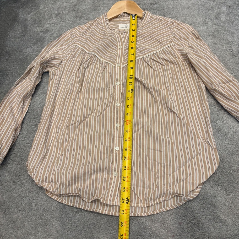 Trovata Birds of Paradis Top Tan Striped Ruffle Collar Button Down Shirt Small - Picture 7 of 7